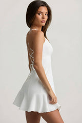 Drop-Waist Lace-Up Mini Dress in White
