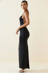 Ruched Backless Maxi Dress in Black