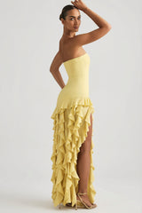 Ruffle-Trim Strapless Gown in Pastel Yellow