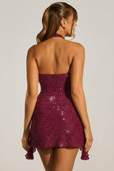 Embellished Draped Corset A-Line Mini Dress in Plum