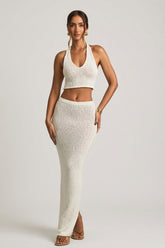 Bouclé Mid-Rise Maxi Skirt in White