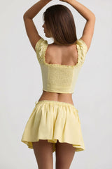 Ruched Cotton-Poplin Mini Skirt in Lemon Yellow