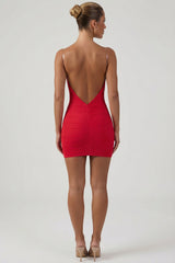 Ruched Backless Bodycon Mini Dress in Red