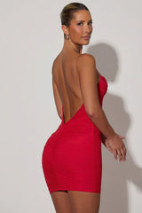 Ruched Backless Bodycon Mini Dress in Red