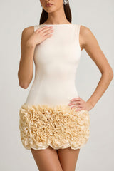 Satin Floral Appliqué Open-Back Mini Dress in Ivory