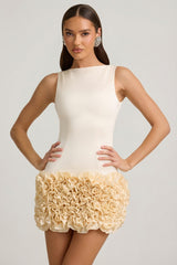 Satin Floral Appliqué Open-Back Mini Dress in Ivory