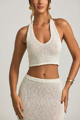 Bouclé Halterneck Crop Top in White