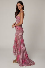 Ruched Asymmetric Corset Gown in Blurred Floral