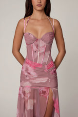 Ruched Asymmetric Corset Gown in Blurred Floral