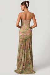 Ruched Asymmetric Corset Gown in Floral Multi Print