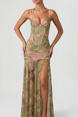 Ruched Asymmetric Corset Gown in Floral Multi Print