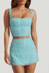 Embellished Low-Rise Mini Skirt in Aqua Blue