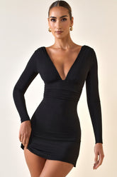 Modal Ruched Plunge A-Line Mini Dress in Black
