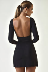 Modal Ruched Plunge A-Line Mini Dress in Black