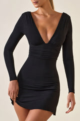 Modal Ruched Plunge A-Line Mini Dress in Black