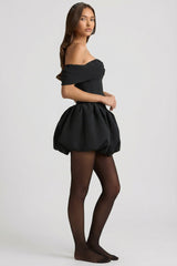 Off-Shoulder Layered Bubble Hem Corset Mini Dress in Black