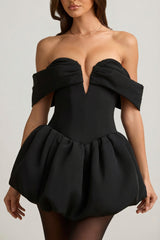 Off-Shoulder Layered Bubble Hem Corset Mini Dress in Black