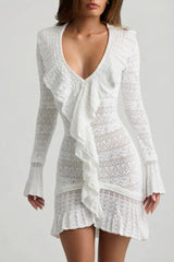Ruffle-Trim Pointelle-Knit Mini Dress in White