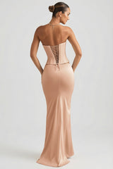 Draped Low-Rise Maxi Skirt in Beige Gold