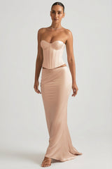 Draped Low-Rise Maxi Skirt in Beige Gold
