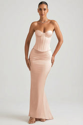 Draped Low-Rise Maxi Skirt in Beige Gold