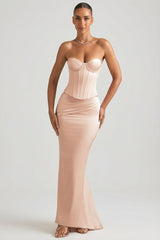 Draped Low-Rise Maxi Skirt in Beige Gold