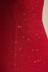 Embellished Strapless Cowl-Neck Maxi Dress in True Red
