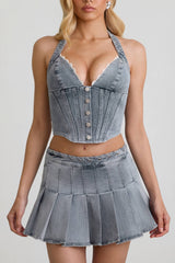 Low-Rise Pleated Mini Skirt in Light Blue