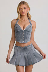 Low-Rise Pleated Mini Skirt in Light Blue