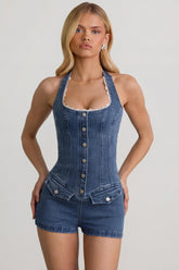 Button-Down Halterneck Playsuit in Mid-Blue