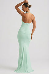 Ruched Backless Halterneck Gown in Mint