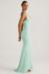 Ruched Backless Halterneck Gown in Mint