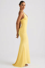 Ruched Backless Halterneck Gown in Pastel Yellow
