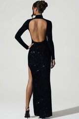 Embellished Open-Back Gown in Black