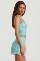 Embellished Square-Neck Crop Top in Aqua Blue