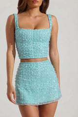 Embellished Square-Neck Crop Top in Aqua Blue