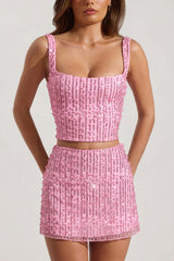 Embellished Square-Neck Crop Top in Pink