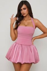 Halterneck Lace-Up Bubble Hem Corset Micro Mini Dress in Mauve