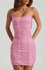 Embellished Scoop-Neck Bodycon Mini Dress in Pink