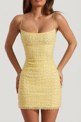 Embellished Scoop-Neck Bodycon Mini Dress in Yellow