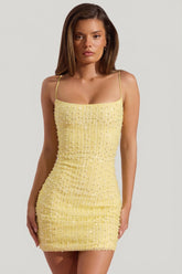 Embellished Scoop-Neck Bodycon Mini Dress in Yellow