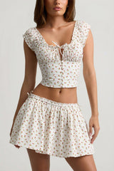 Ruched Cotton-Poplin Mini Skirt in Rose Print