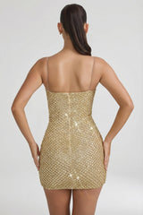 Embellished Sweetheart-Neck Mini Dress in Gold