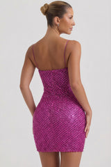 Embellished Sweetheart-Neck Mini Dress in Magenta