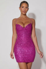 Embellished Sweetheart-Neck Mini Dress in Magenta