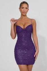Embellished Sweetheart-Neck Mini Dress in Purple