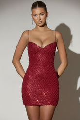 Embellished Sweetheart-Neck Mini Dress in Red