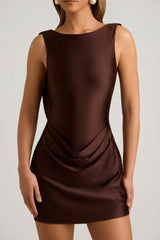 Draped Open-Back A-Line Mini Dress in Chocolate Brown
