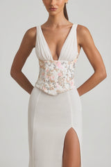 Embellished Plunge Ruffled Corset Maxi Dress in Ivory