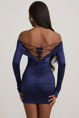 Bow-Detail Off-Shoulder Mini Dress in True Navy